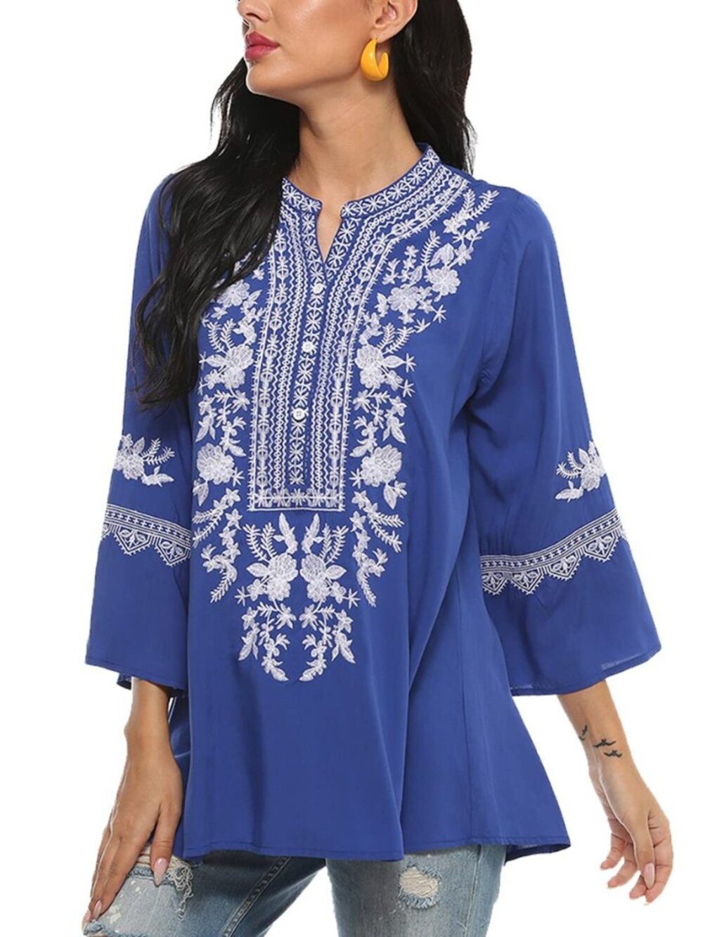 Mexican Shirts for Women Embroidered Tops Traditional Style Tunics Floral 3/4